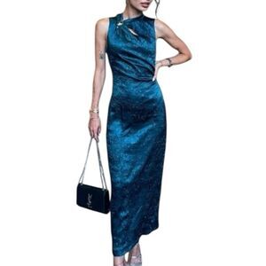 Zara Gold Appliqué Satin Midi Dress. Teal/duck egg blue. Sz S. MSRP $69.60. NWT